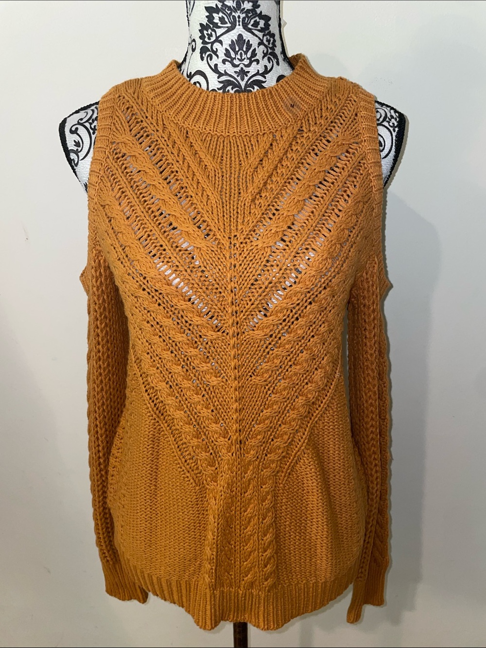 Aeropostale Mustard OpenCable Cold-Shoulder Crewneck Sweater Size Medium NWT $60